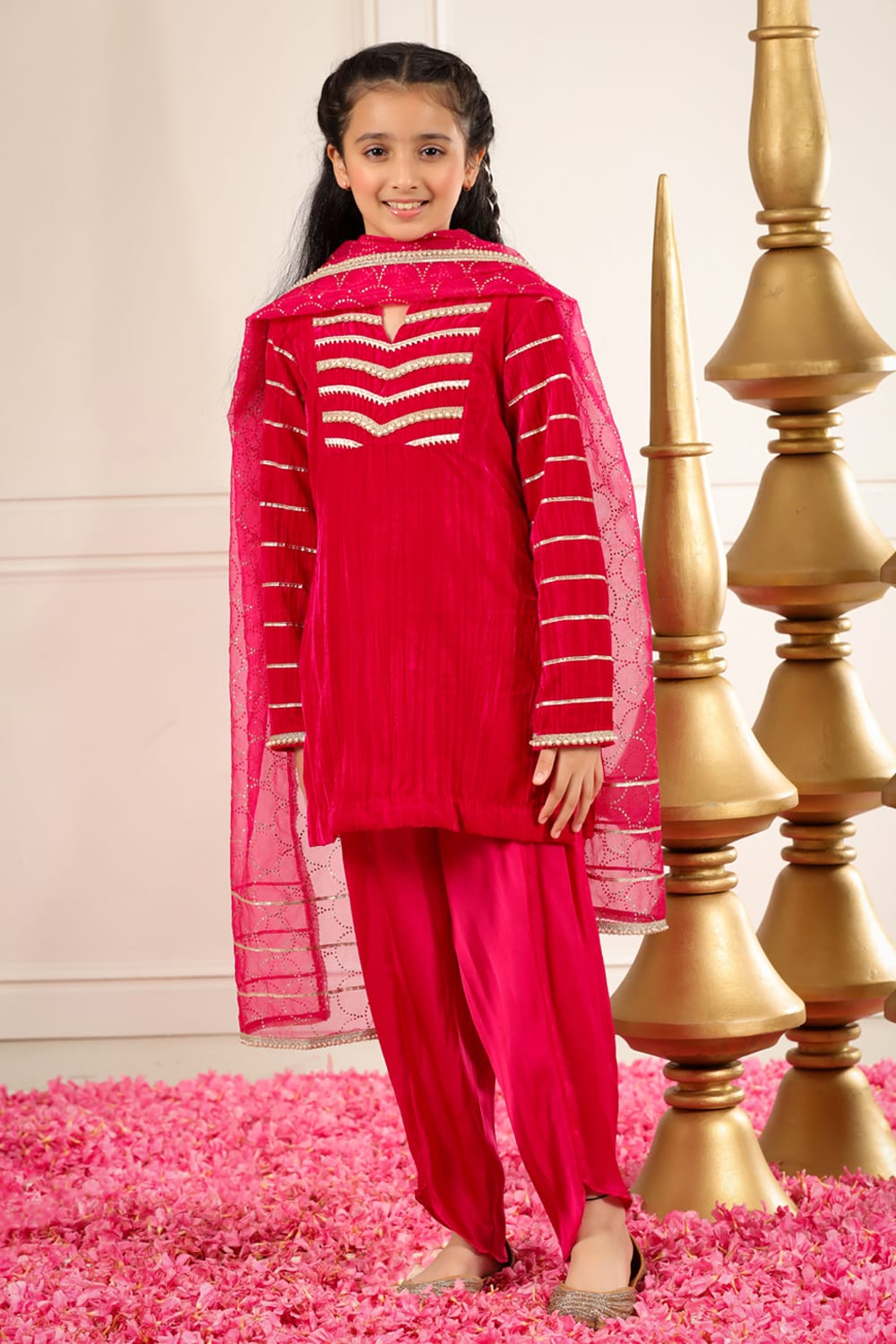 Rani Pink Velvet Kurta With Dhoti Pants Set – Pink Kids Kurta Set | PNK – Isha Arora India