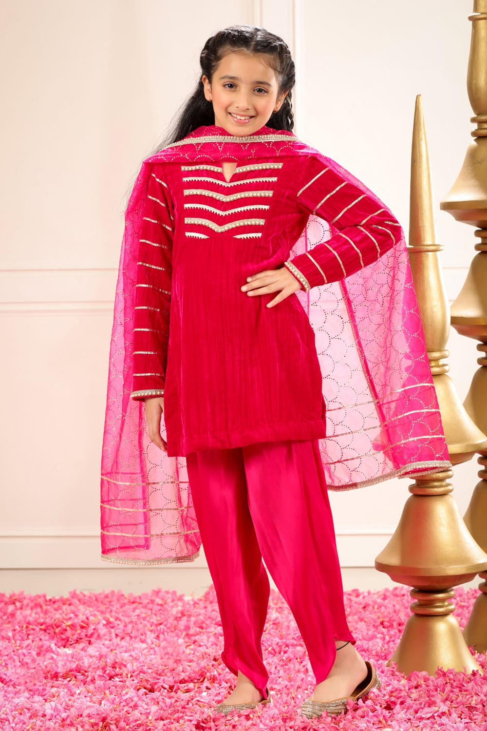 Rani Pink Velvet Kurta With Dhoti Pants Set – Pink Kids Kurta Set | PNK – Isha Arora India