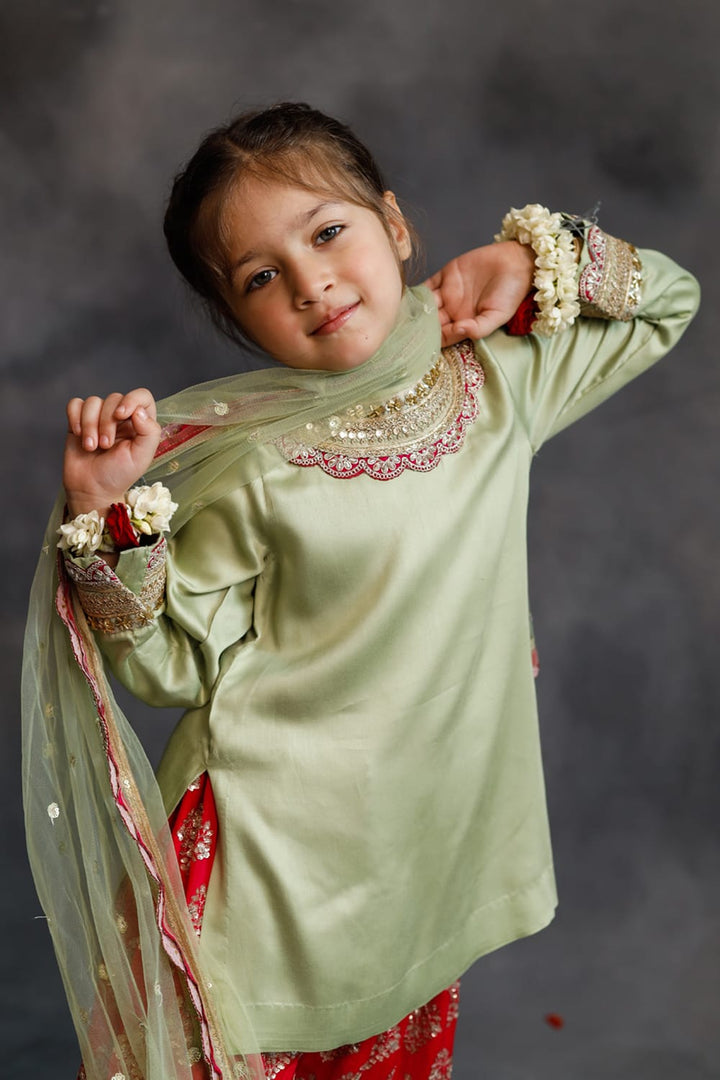 Sage Green Kurta With Rani Pink Farshi Salwar Set – Green Kids Kurta Set | PNK – Isha Arora India