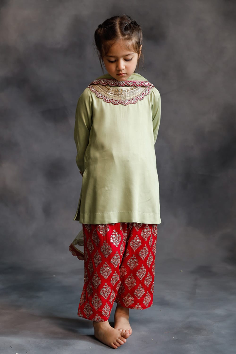 Sage Green Kurta With Rani Pink Farshi Salwar Set – Green Kids Kurta Set | PNK – Isha Arora India