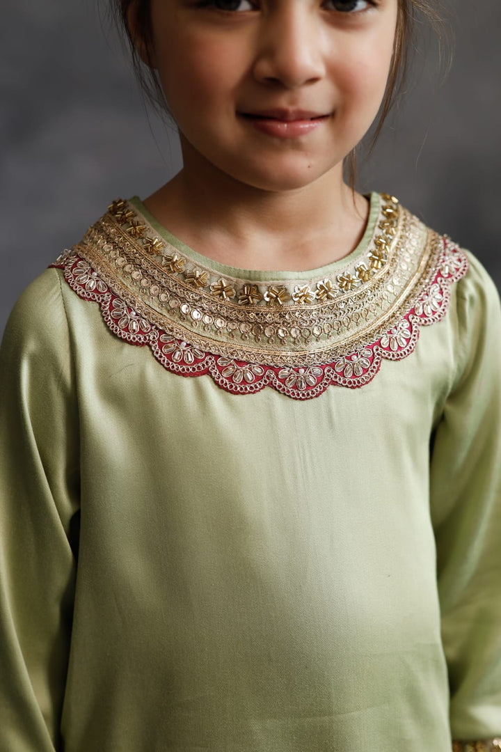 Sage Green Kurta With Rani Pink Farshi Salwar Set – Green Kids Kurta Set | PNK – Isha Arora India