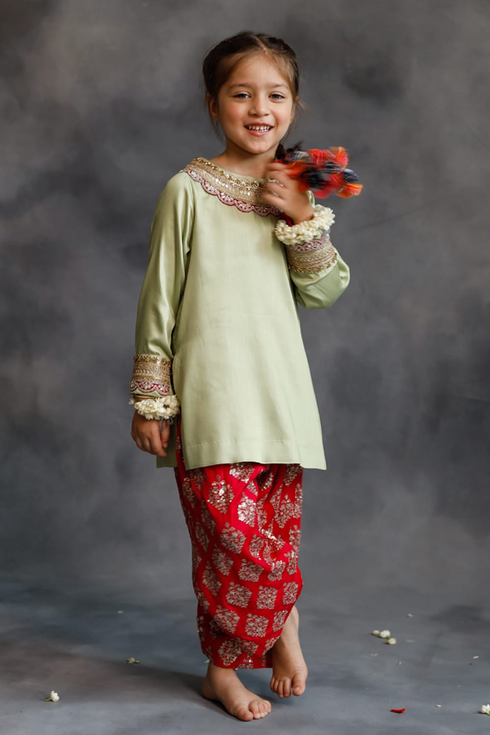 Sage Green Kurta With Rani Pink Farshi Salwar Set – Green Kids Kurta Set | PNK – Isha Arora India