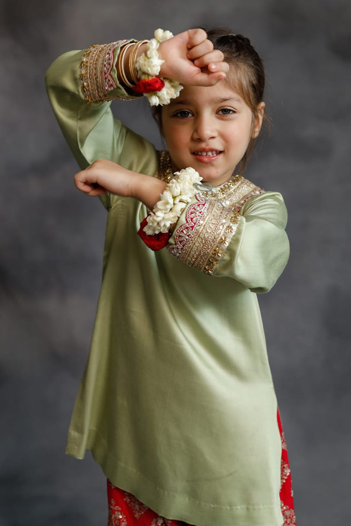 Sage Green Kurta With Rani Pink Farshi Salwar Set – Green Kids Kurta Set | PNK – Isha Arora India