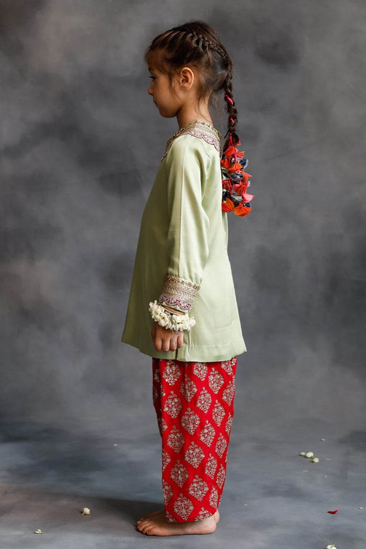 Sage Green Kurta With Rani Pink Farshi Salwar Set – Green Kids Kurta Set | PNK – Isha Arora India