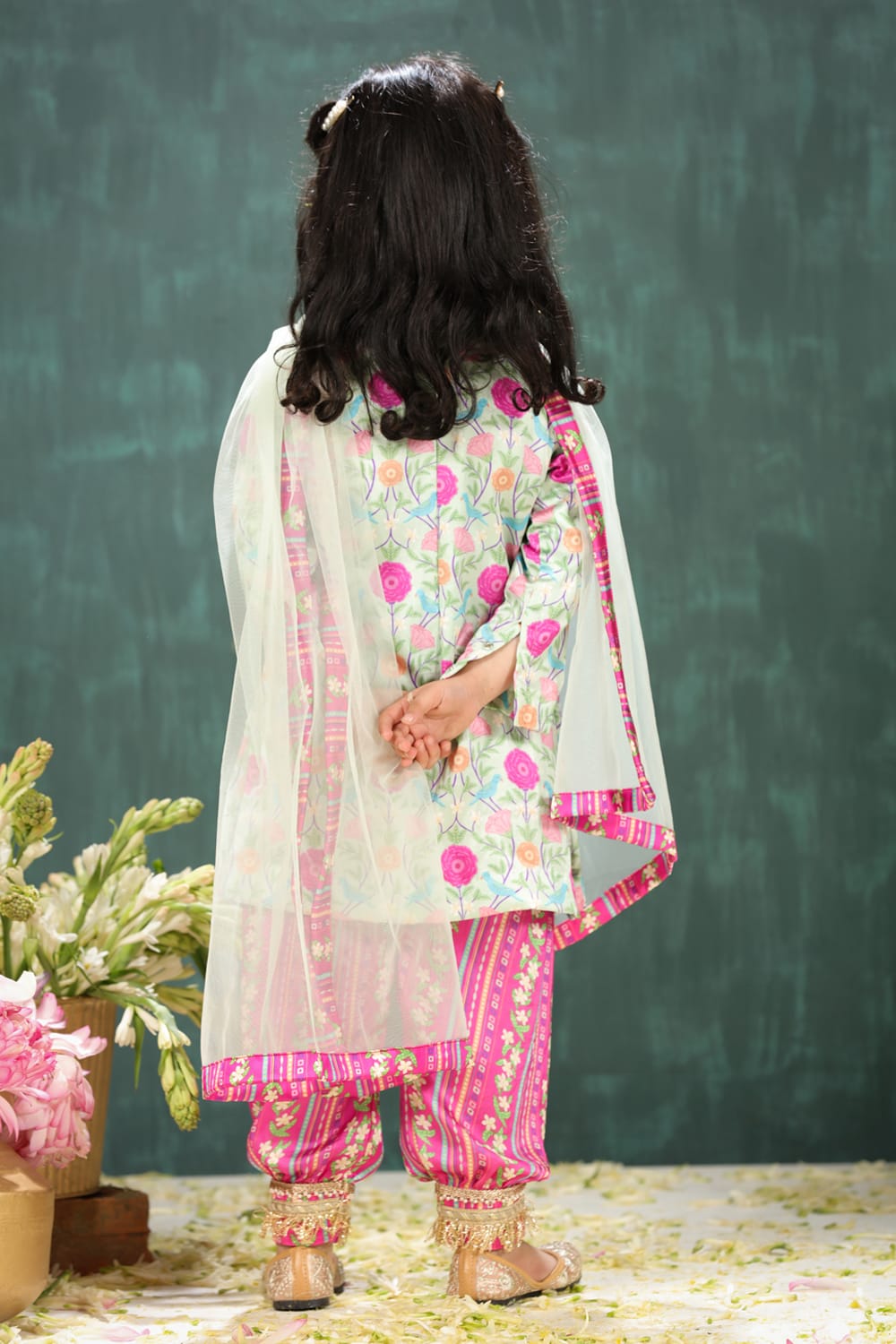 Sage Green Print Kurta With Rani Coordinated Stripe Yoke & Salwar Set – Yellow Kids Kurta Set | PNK – Isha Arora India