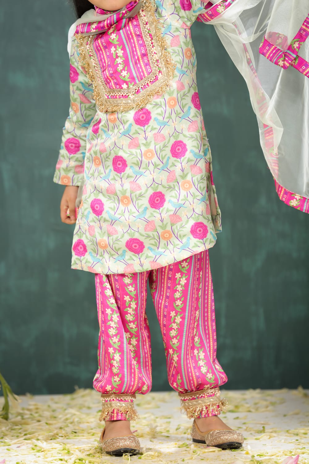 Sage Green Print Kurta With Rani Coordinated Stripe Yoke & Salwar Set – Yellow Kids Kurta Set | PNK – Isha Arora India