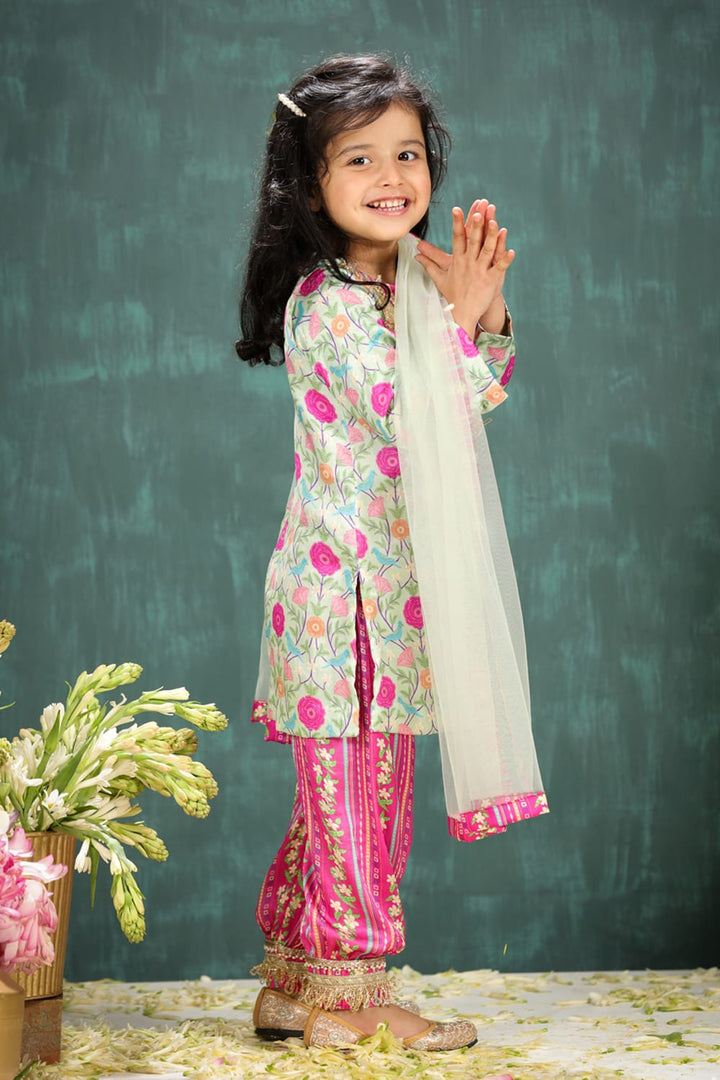 Sage Green Print Kurta With Rani Coordinated Stripe Yoke & Salwar Set – Yellow Kids Kurta Set | PNK – Isha Arora India