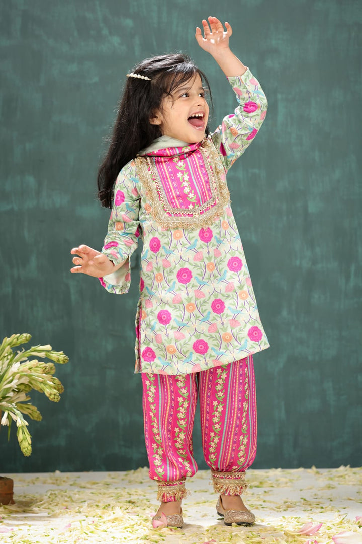 Sage Green Print Kurta With Rani Coordinated Stripe Yoke & Salwar Set – Yellow Kids Kurta Set | PNK – Isha Arora India