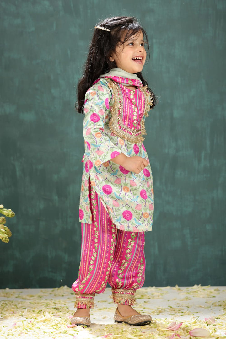Sage Green Print Kurta With Rani Coordinated Stripe Yoke & Salwar Set – Yellow Kids Kurta Set | PNK – Isha Arora India
