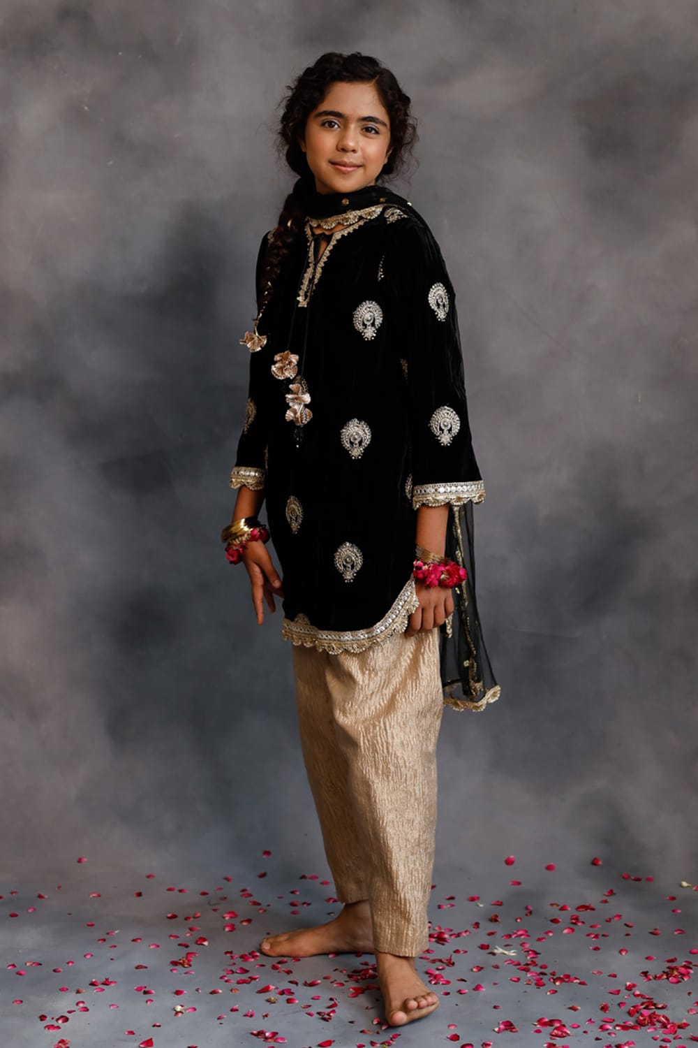 Short Black Velvet Kurta With Salwar Set – Black Kids Kurta Set | PNK – Isha Arora India