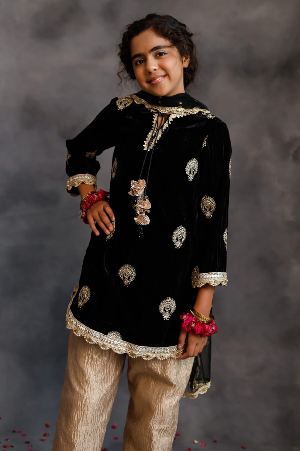 Short Black Velvet Kurta With Salwar Set – Black Kids Kurta Set | PNK – Isha Arora India