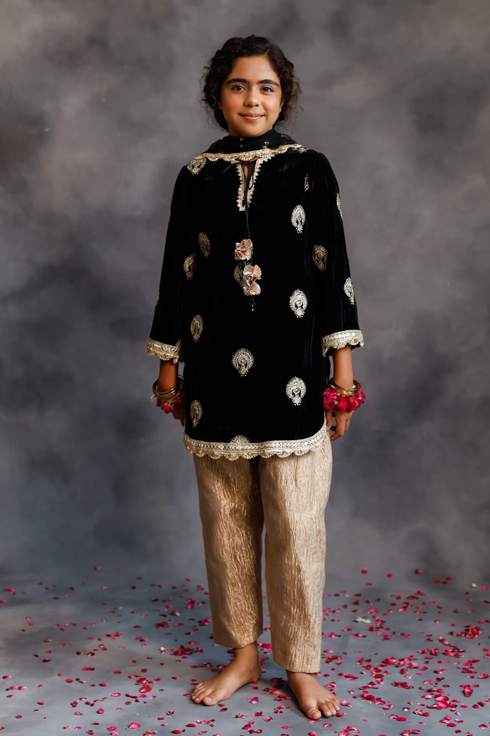 Short Black Velvet Kurta With Salwar Set – Black Kids Kurta Set | PNK – Isha Arora India