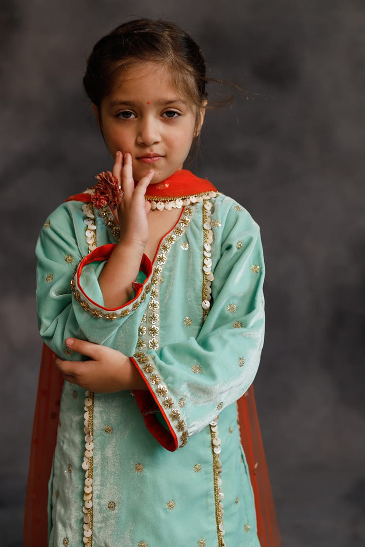 Teal Velvet Kurta & Silk Pants Set – Blue Kids Kurta Set | PNK – Isha Arora India