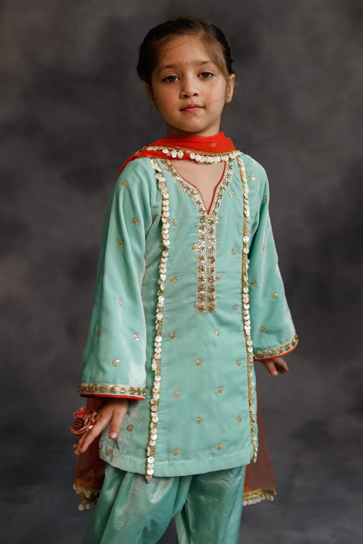 Teal Velvet Kurta & Silk Pants Set – Blue Kids Kurta Set | PNK – Isha Arora India
