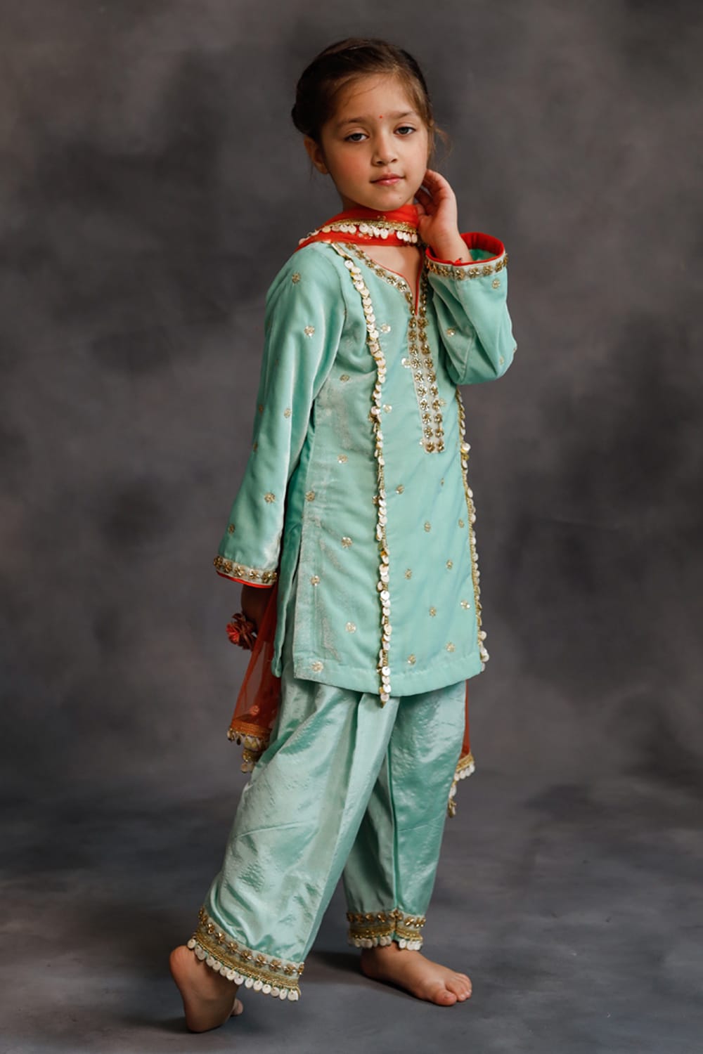 Teal Velvet Kurta & Silk Pants Set – Blue Kids Kurta Set | PNK – Isha Arora India