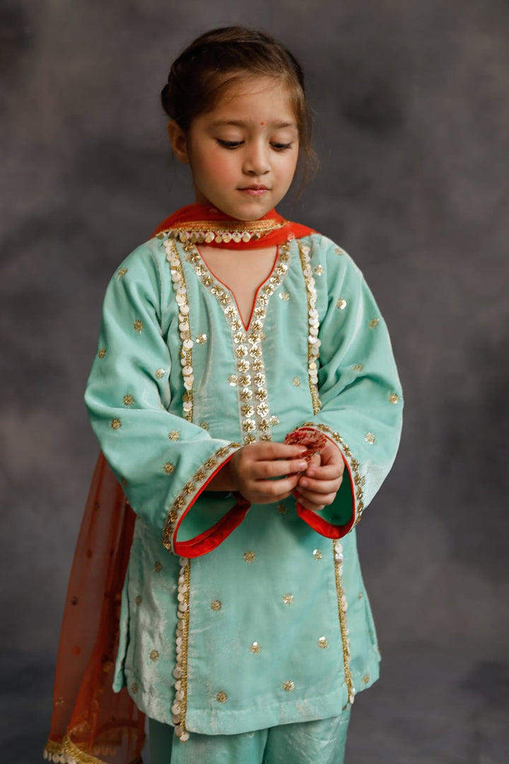 Teal Velvet Kurta & Silk Pants Set – Blue Kids Kurta Set | PNK – Isha Arora India
