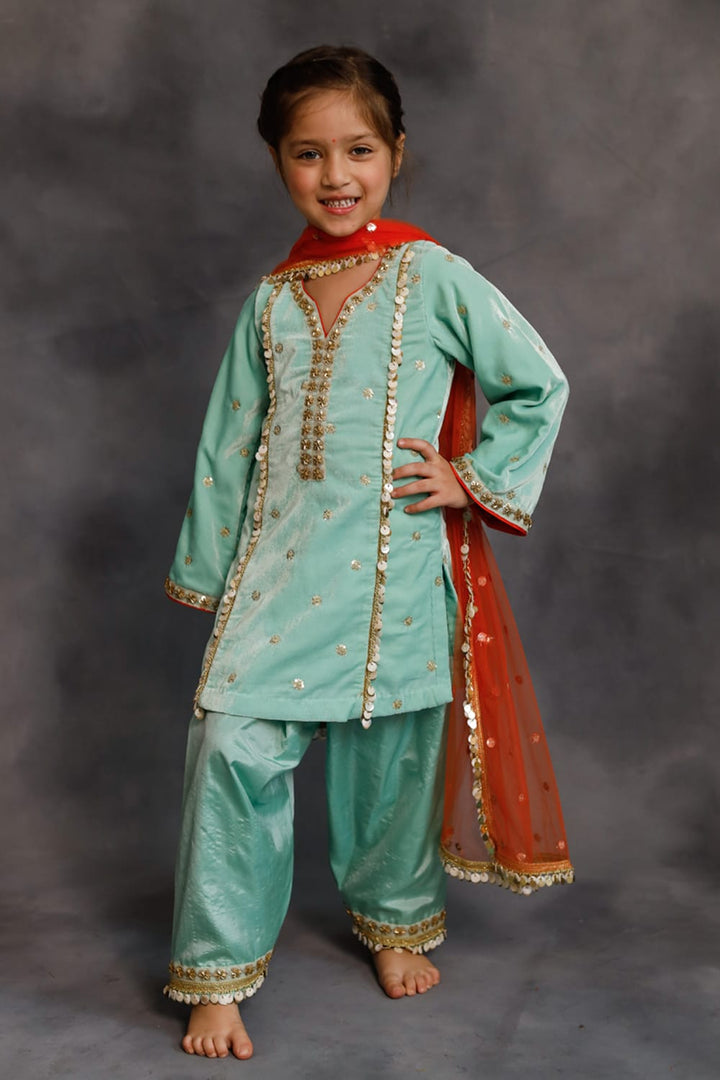 Teal Velvet Kurta & Silk Pants Set – Blue Kids Kurta Set | PNK – Isha Arora India