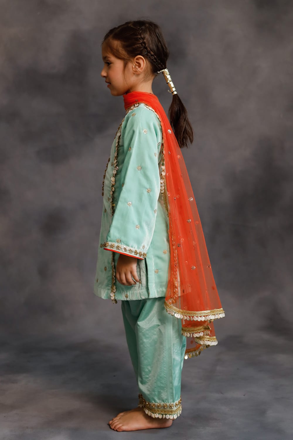 Teal Velvet Kurta & Silk Pants Set – Blue Kids Kurta Set | PNK – Isha Arora India