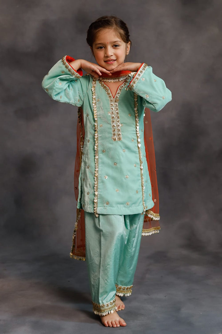 Teal Velvet Kurta & Silk Pants Set – Blue Kids Kurta Set | PNK – Isha Arora India