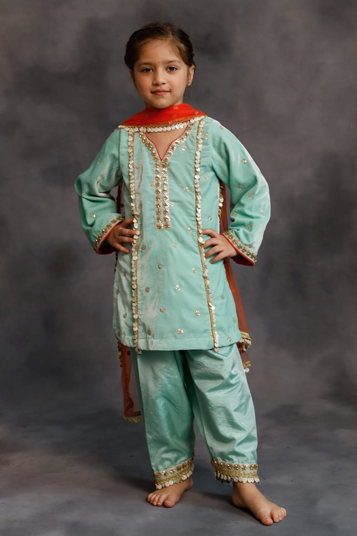 Teal Velvet Kurta & Silk Pants Set – Blue Kids Kurta Set | PNK – Isha Arora India