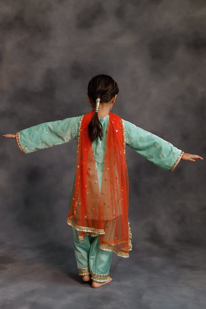 Teal Velvet Kurta & Silk Pants Set – Blue Kids Kurta Set | PNK – Isha Arora India