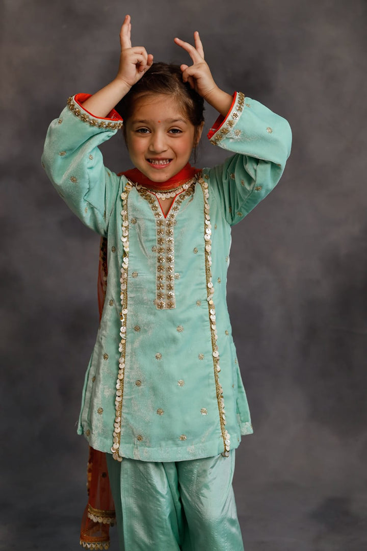 Teal Velvet Kurta & Silk Pants Set – Blue Kids Kurta Set | PNK – Isha Arora India