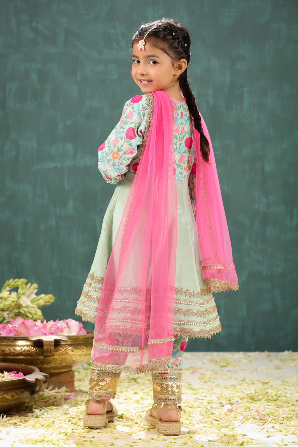 Velvet Sage Green Print Yoke Kalidar Suit Set – Green Kids Kurta Set | PNK – Isha Arora India
