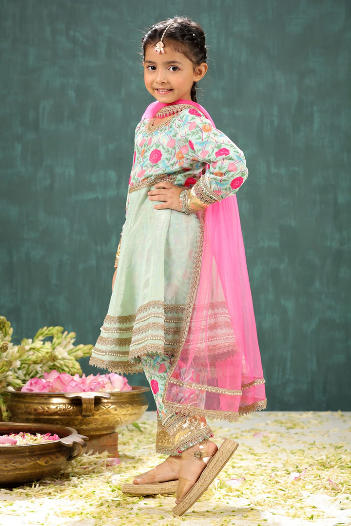 Velvet Sage Green Print Yoke Kalidar Suit Set – Green Kids Kurta Set | PNK – Isha Arora India