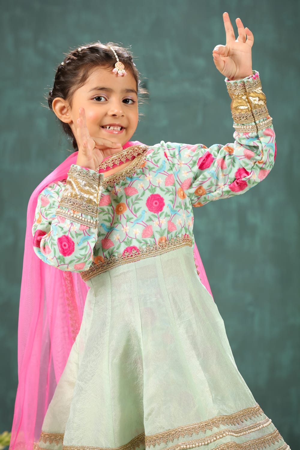 Velvet Sage Green Print Yoke Kalidar Suit Set – Green Kids Kurta Set | PNK – Isha Arora India