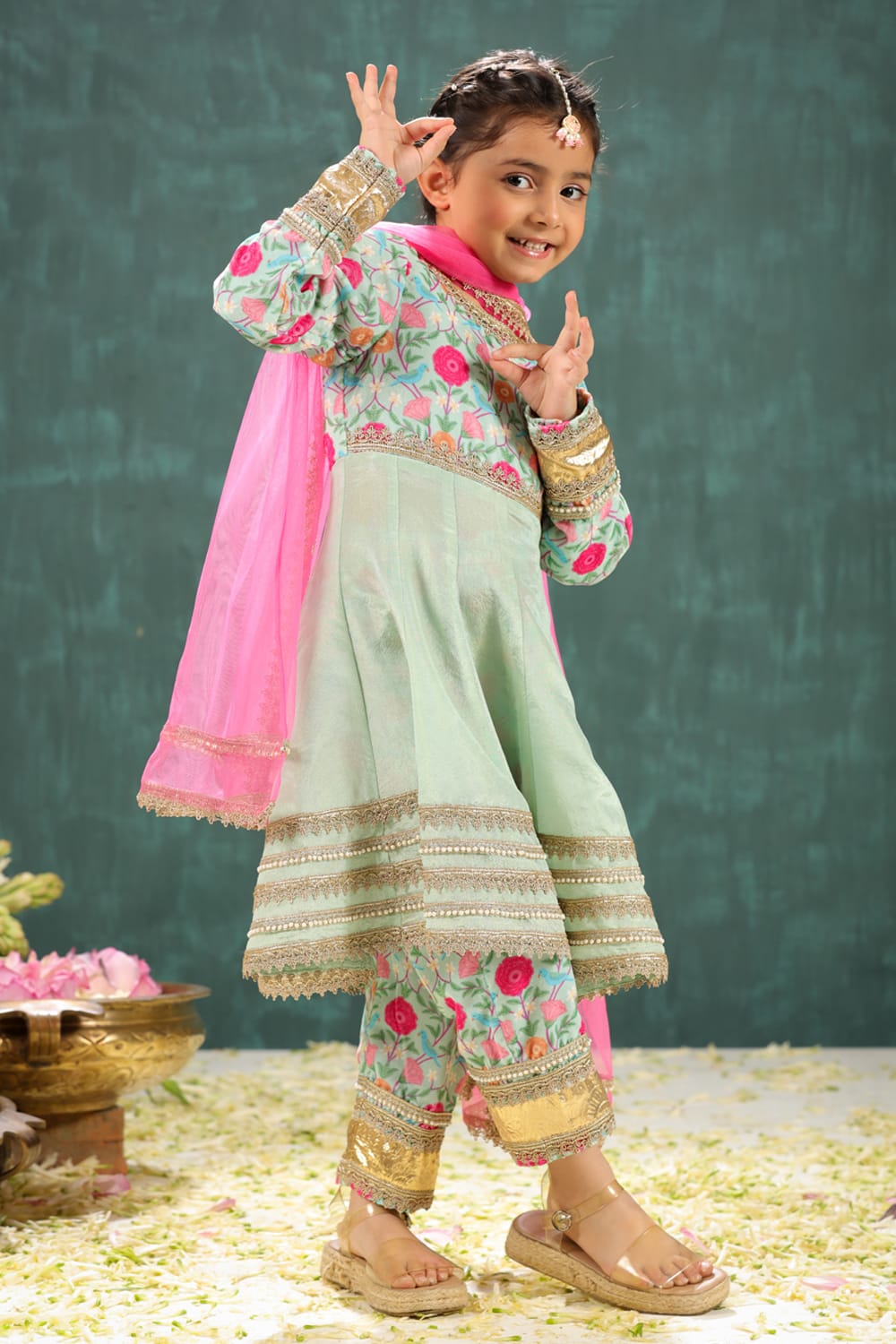 Velvet Sage Green Print Yoke Kalidar Suit Set – Green Kids Kurta Set | PNK – Isha Arora India