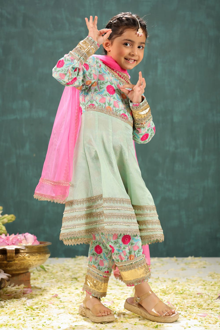 Velvet Sage Green Print Yoke Kalidar Suit Set – Green Kids Kurta Set | PNK – Isha Arora India