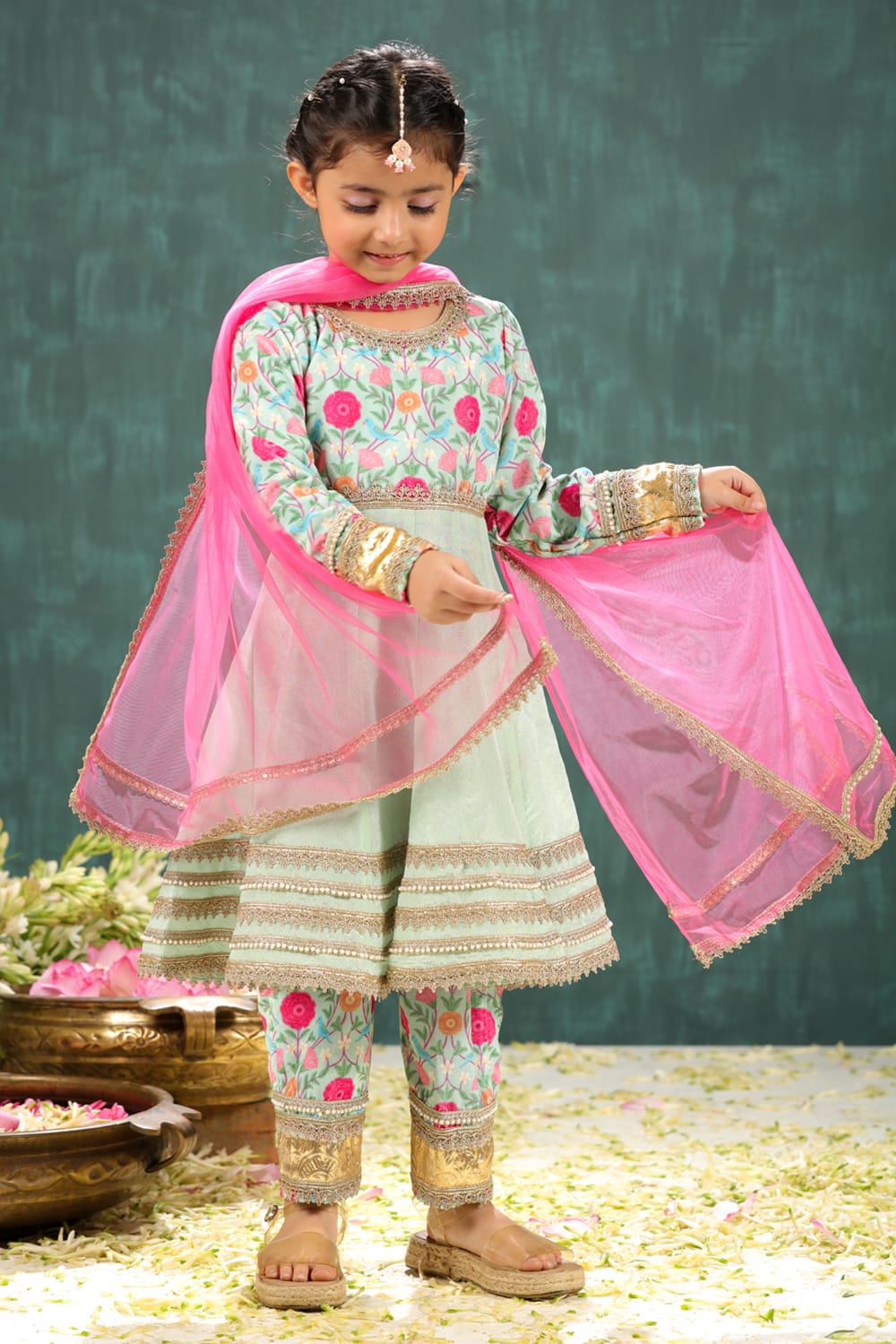 Velvet Sage Green Print Yoke Kalidar Suit Set – Green Kids Kurta Set | PNK – Isha Arora India