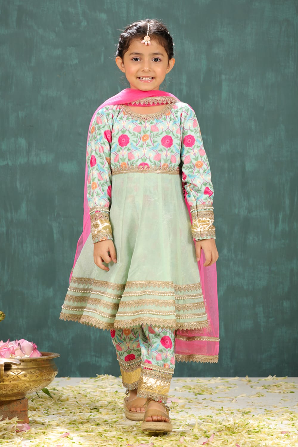 Velvet Sage Green Print Yoke Kalidar Suit Set – Green Kids Kurta Set | PNK – Isha Arora India