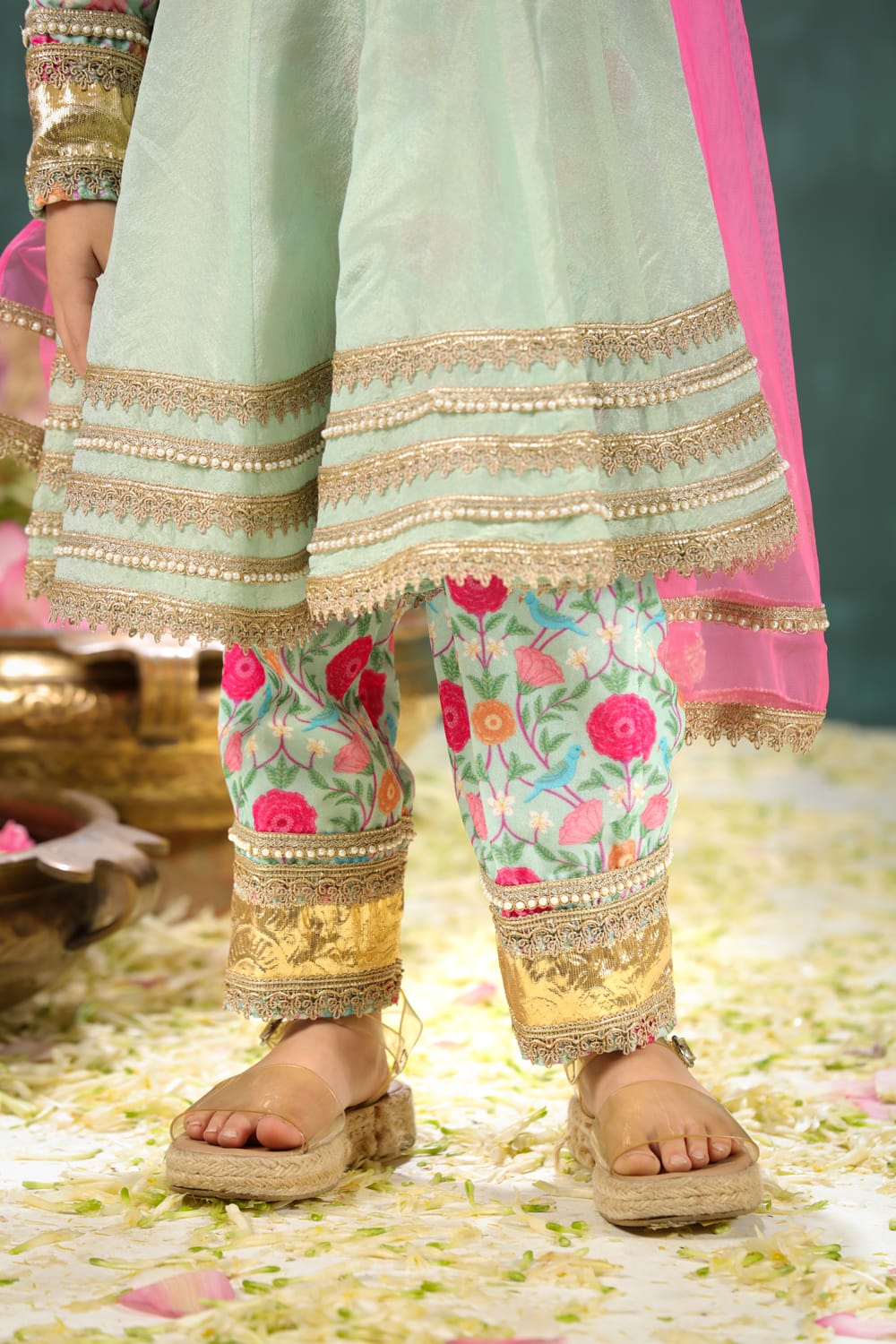 Velvet Sage Green Print Yoke Kalidar Suit Set – Green Kids Kurta Set | PNK – Isha Arora India