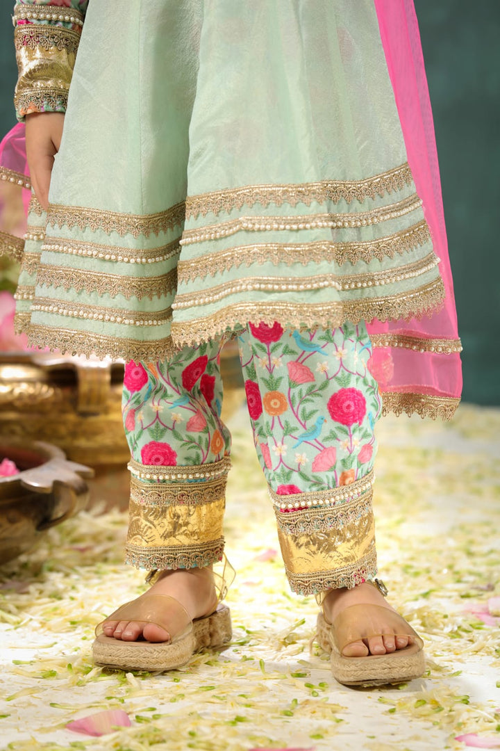 Velvet Sage Green Print Yoke Kalidar Suit Set – Green Kids Kurta Set | PNK – Isha Arora India