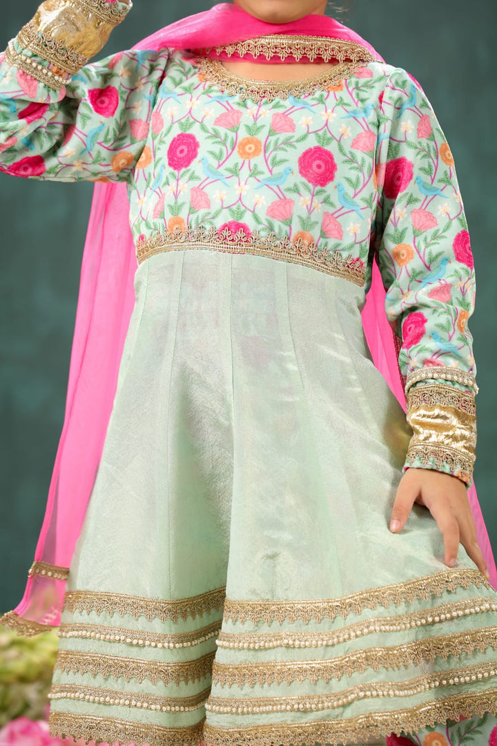 Velvet Sage Green Print Yoke Kalidar Suit Set – Green Kids Kurta Set | PNK – Isha Arora India