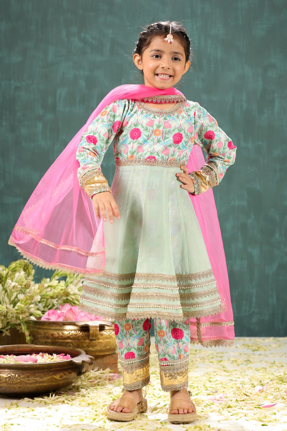 Velvet Sage Green Print Yoke Kalidar Suit Set – Green Kids Kurta Set | PNK – Isha Arora India