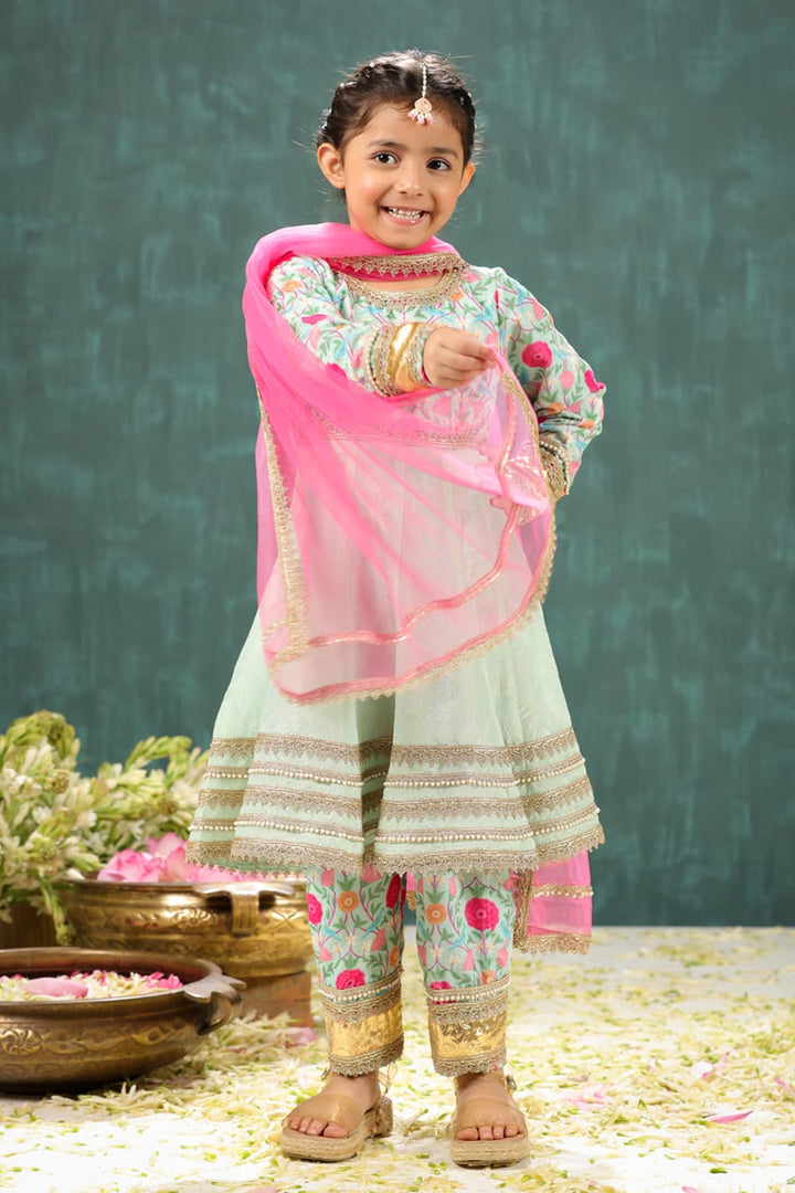 Velvet Sage Green Print Yoke Kalidar Suit Set – Green Kids Kurta Set | PNK – Isha Arora India