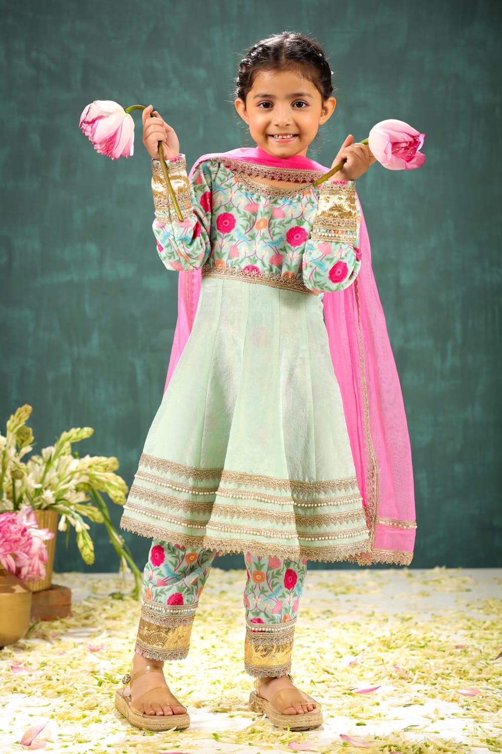 Velvet Sage Green Print Yoke Kalidar Suit Set – Green Kids Kurta Set | PNK – Isha Arora India