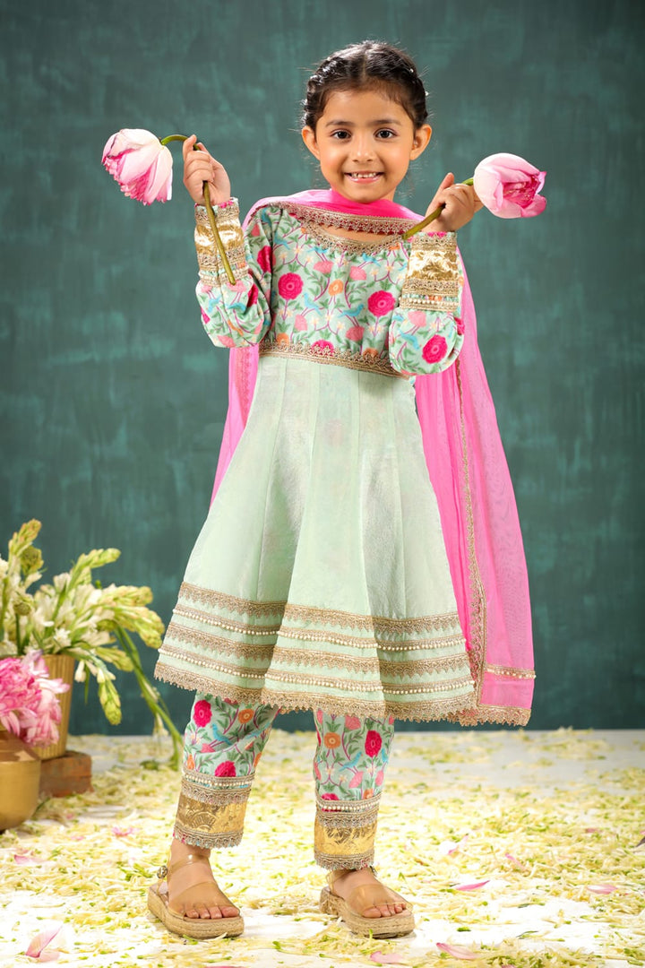 Velvet Sage Green Print Yoke Kalidar Suit Set – Green Kids Kurta Set | PNK – Isha Arora India
