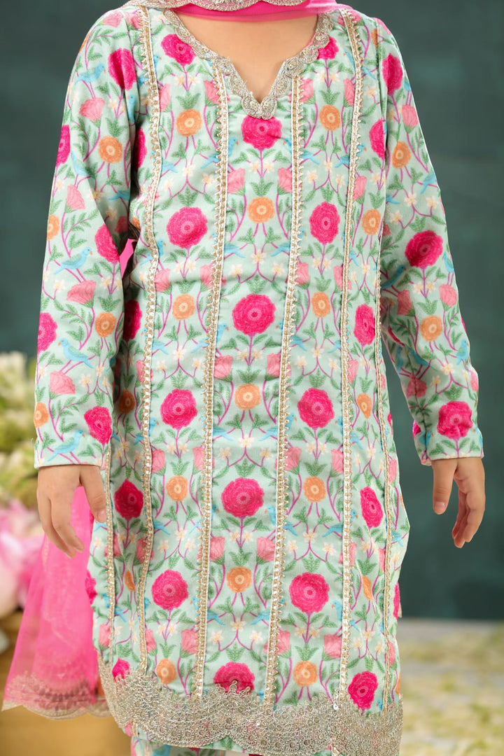 Velvet Sage Green Tota & Phool Print Long Suit Set – Green Kids Kurta Set | PNK – Isha Arora India