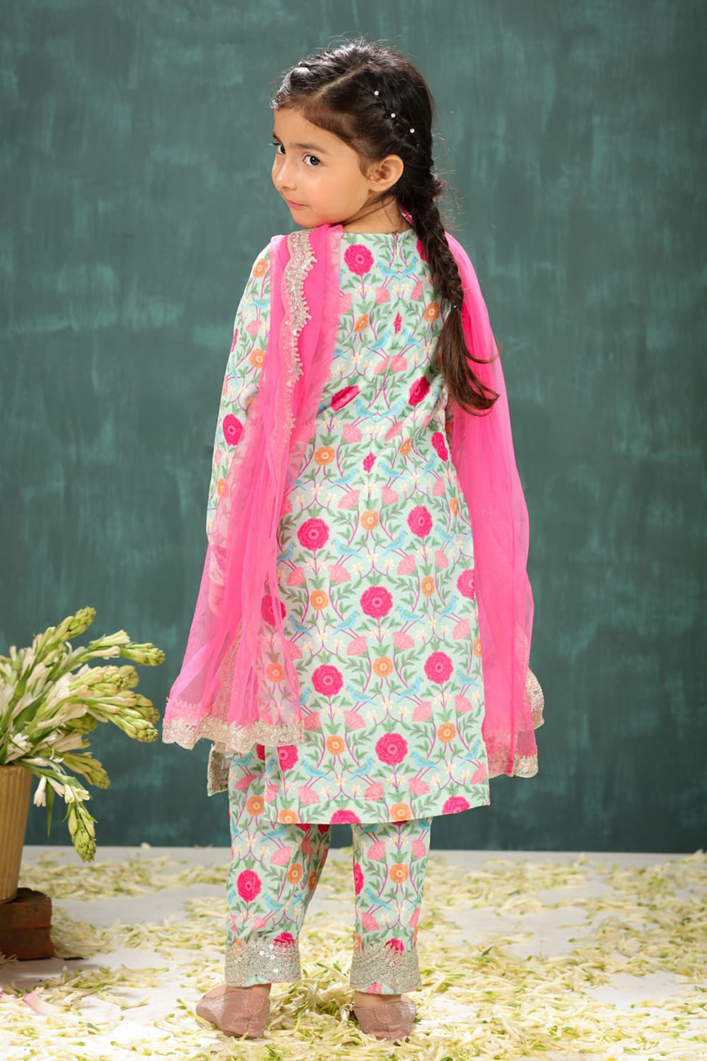 Velvet Sage Green Tota & Phool Print Long Suit Set – Green Kids Kurta Set | PNK – Isha Arora India