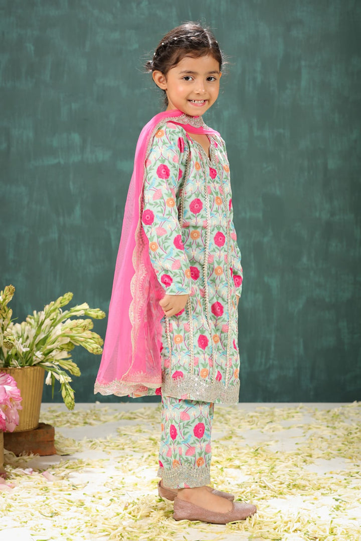 Velvet Sage Green Tota & Phool Print Long Suit Set – Green Kids Kurta Set | PNK – Isha Arora India