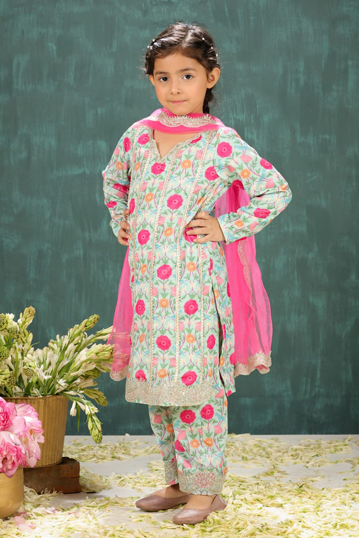 Velvet Sage Green Tota & Phool Print Long Suit Set – Green Kids Kurta Set | PNK – Isha Arora India