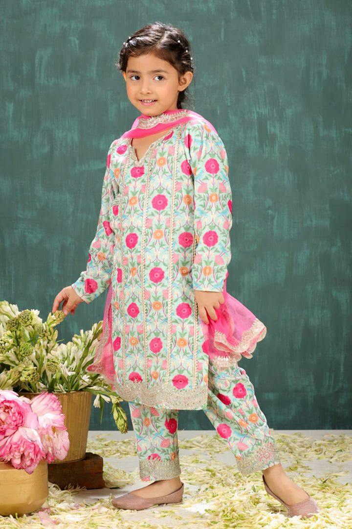 Velvet Sage Green Tota & Phool Print Long Suit Set – Green Kids Kurta Set | PNK – Isha Arora India