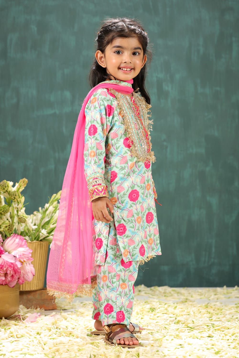 Velvet Sage Green Tota & Phool Print Suit Set – Green Kids Kurta Set | PNK – Isha Arora India