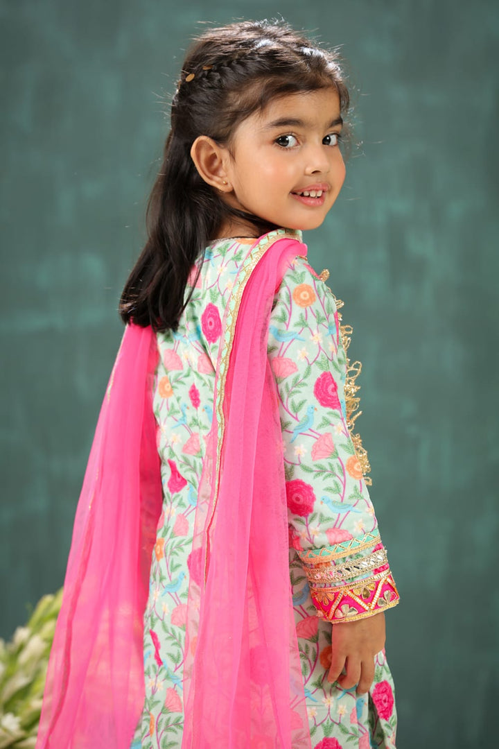 Velvet Sage Green Tota & Phool Print Suit Set – Green Kids Kurta Set | PNK – Isha Arora India