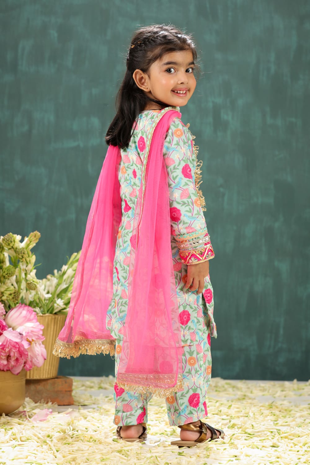 Velvet Sage Green Tota & Phool Print Suit Set – Green Kids Kurta Set | PNK – Isha Arora India