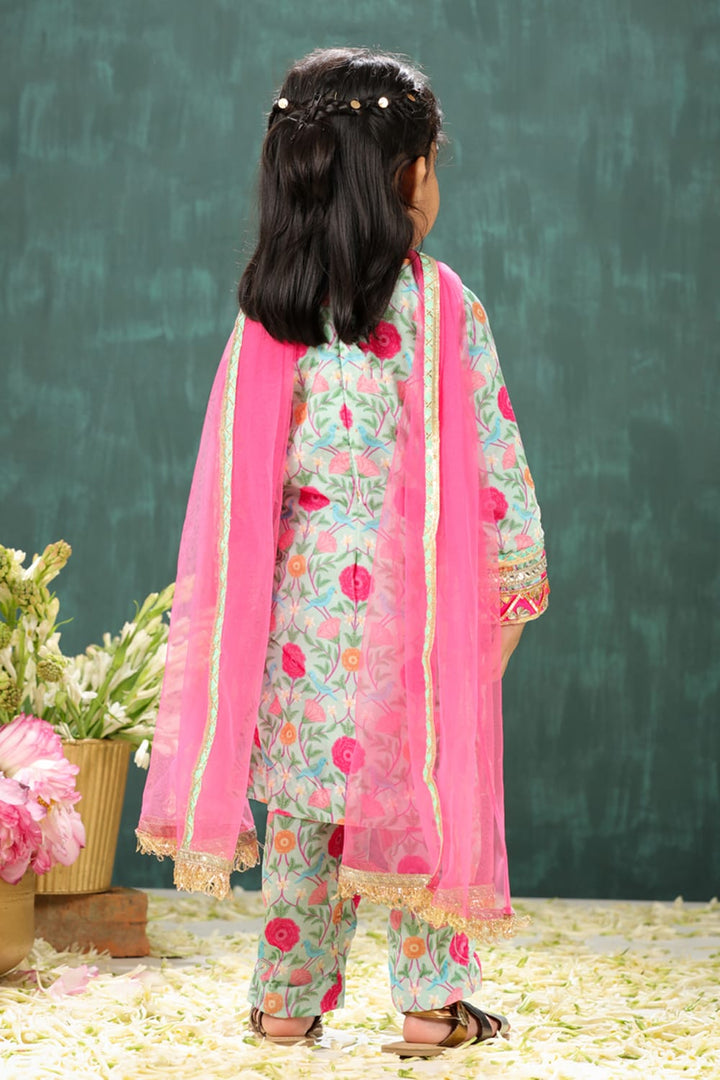 Velvet Sage Green Tota & Phool Print Suit Set – Green Kids Kurta Set | PNK – Isha Arora India