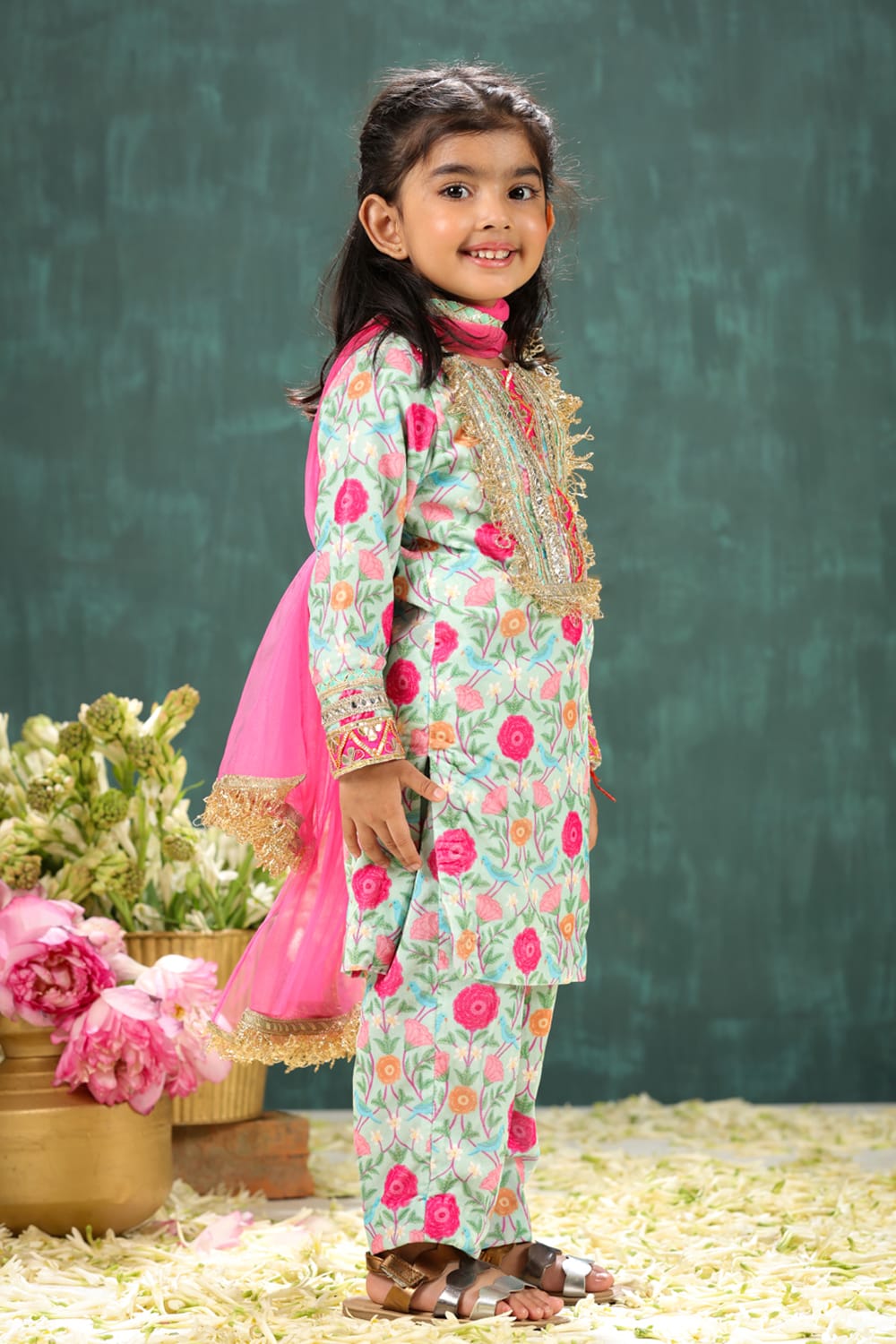 Velvet Sage Green Tota & Phool Print Suit Set – Green Kids Kurta Set | PNK – Isha Arora India